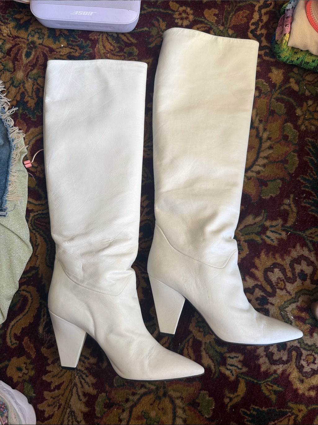 Barneys New York Brand White Pointed Knee-High Leather Boots 41
